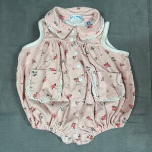 Vintage Pink Floral Bubble Romper All Mine Collar Cotton 6-9 Months Baby Girl